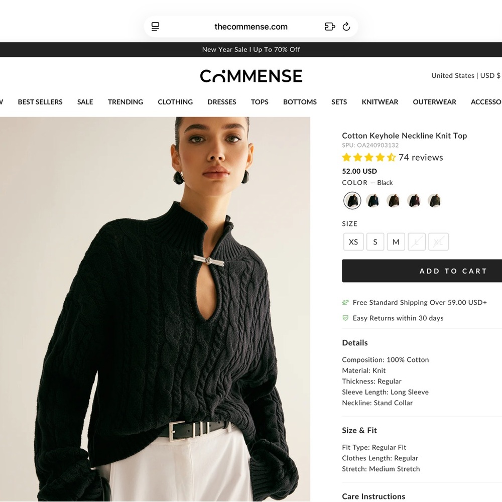 Commense Black Cotton Keyhole Knit Top